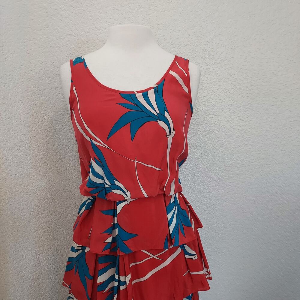 Sariah 100% Silk Red Palm Print Sleeveless Layered Dress Size 4 - Picture 2 of 13